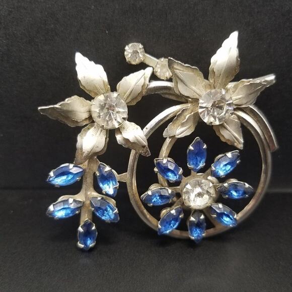 Vintage Blue Clear Glass Rhinestone Floral Brooch & Pendant, Riveted, 2 Inches - Picture 5 of 10